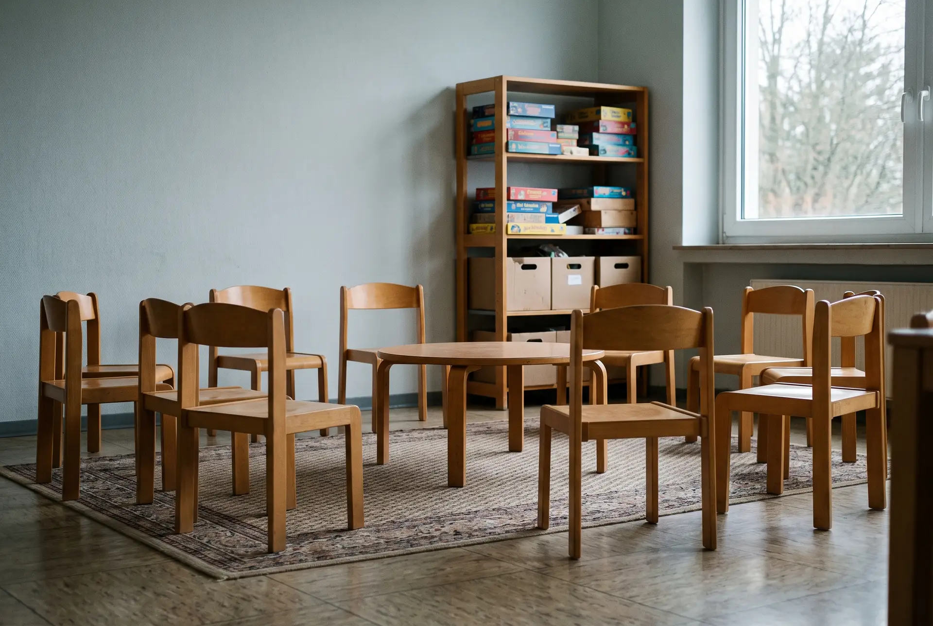 Leerer Gruppenraum einer Jugendhilfeeinrichtung mit Kinderstühlen und Spieleregal