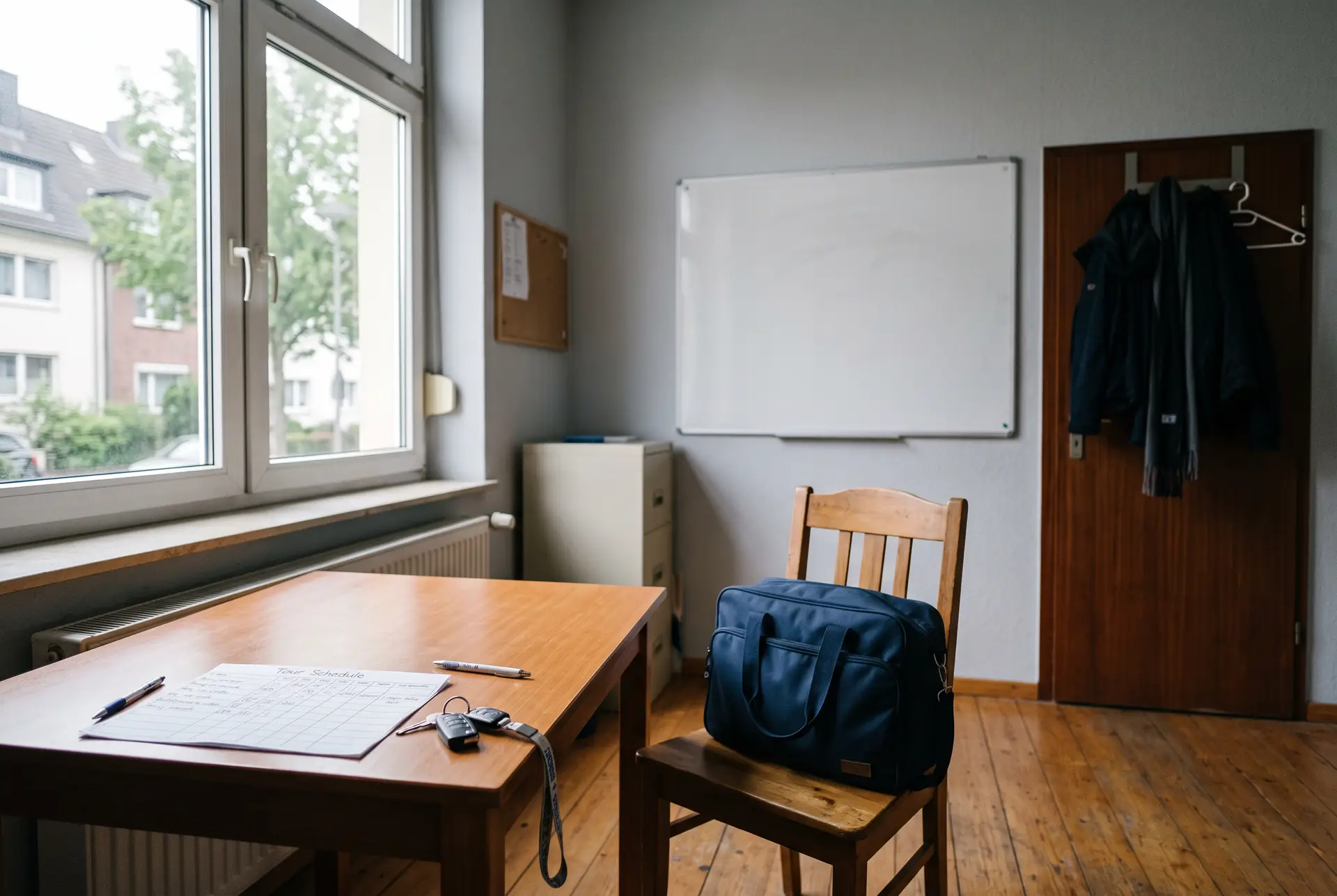 Leeres Büro eines ambulanten Pflegedienstes mit Tourenplan, Autoschlüssel und Pflegetasche