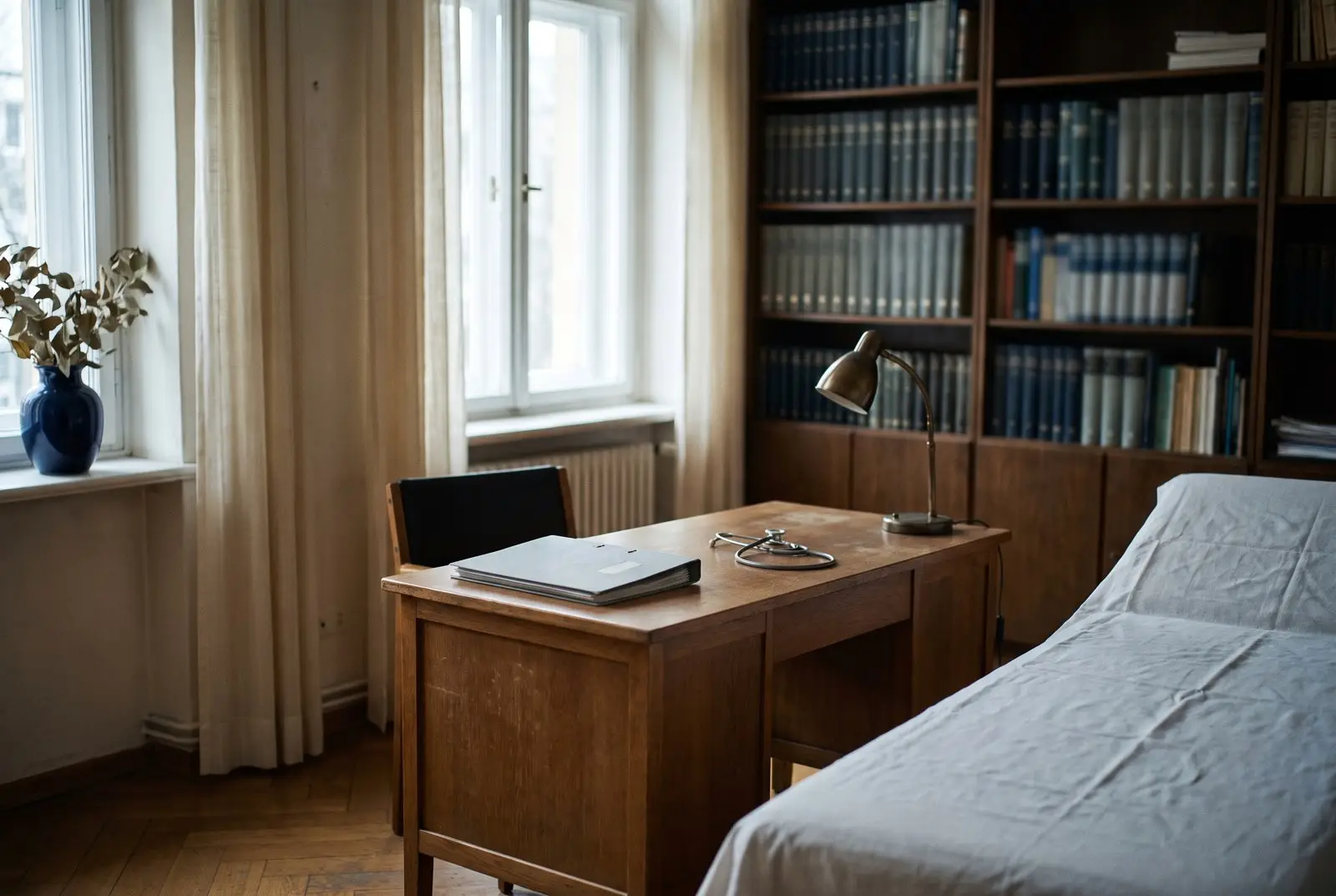 Ärzte und Psychotherapeuten Arztpraxis mit Schreibtisch und Bett
