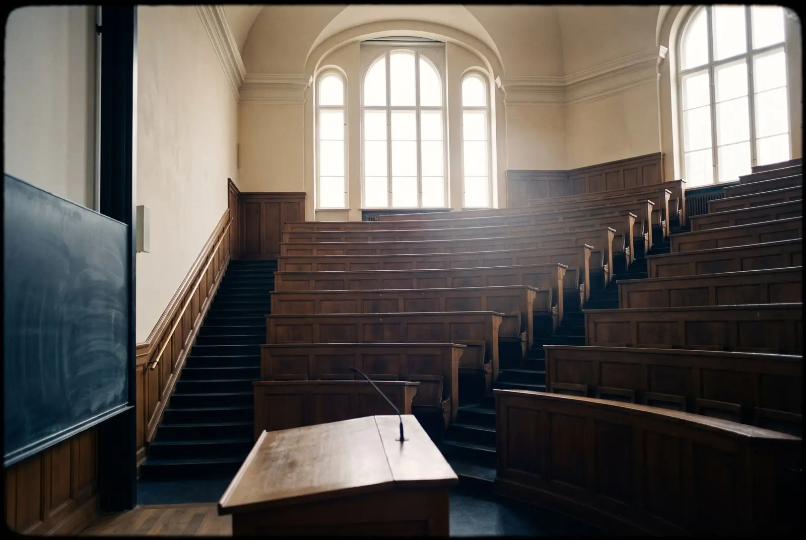 Leeres Auditorium mit Holzbänken