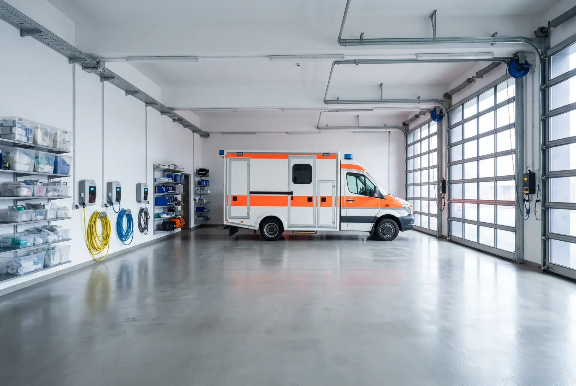 Moderne, aufgeräumte Rettungswache mit voll ausgestattetem Rettungswagen in der Fahrzeughalle